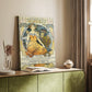 Canvas art print of a vintage advertisement with a stylized female figure and decorative text styled in a home decor setting.