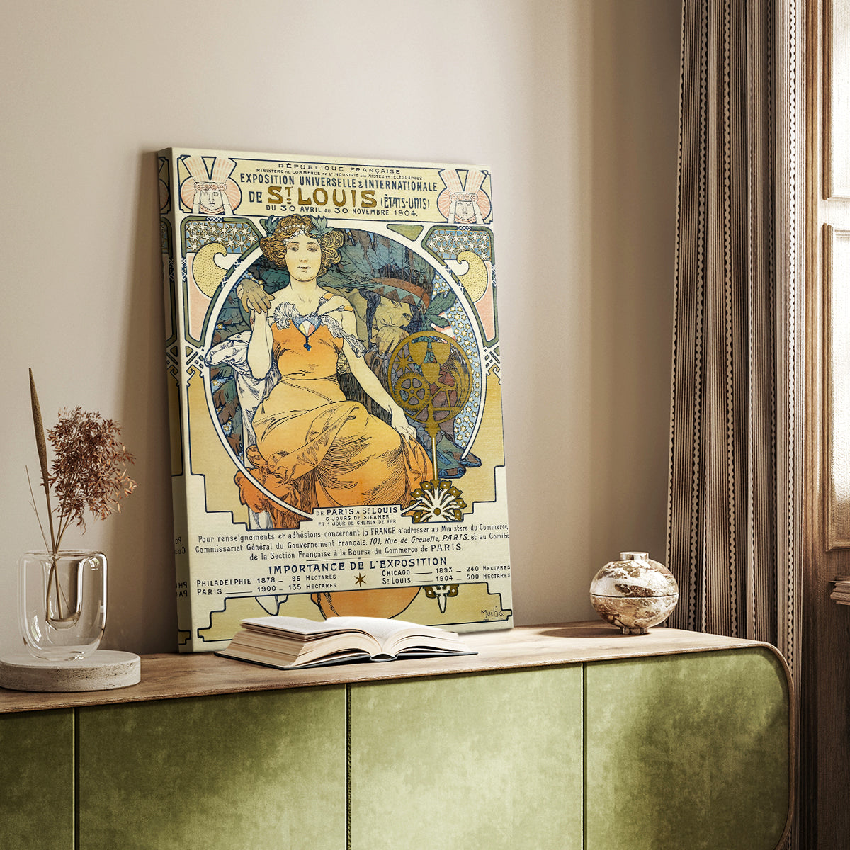 Canvas art print of a vintage advertisement with a stylized female figure and decorative text styled in a home decor setting.