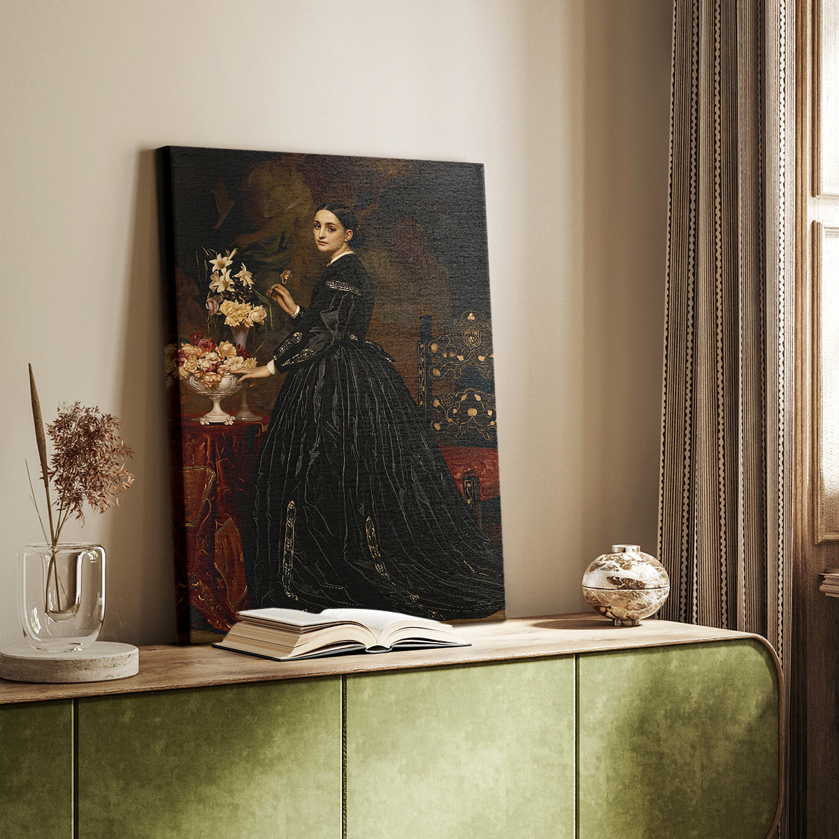 Canvas art print of a composed female figure with elegant dress and subtle tones styled in a home decor setting.