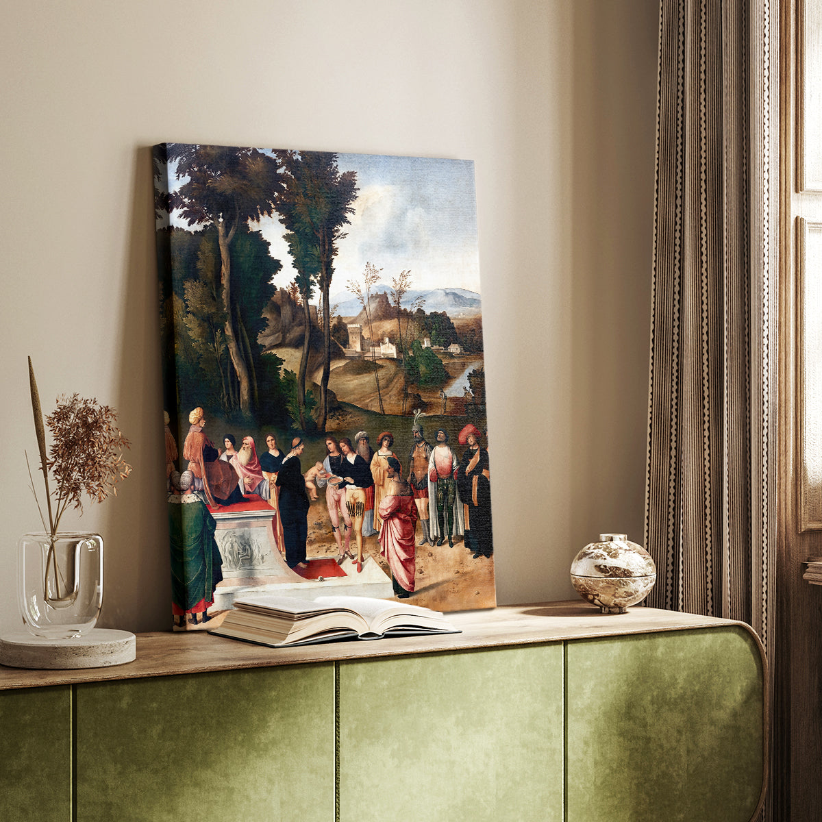 Canvas art print of a classical composition with multiple figures and architectural setting styled in a home decor setting.