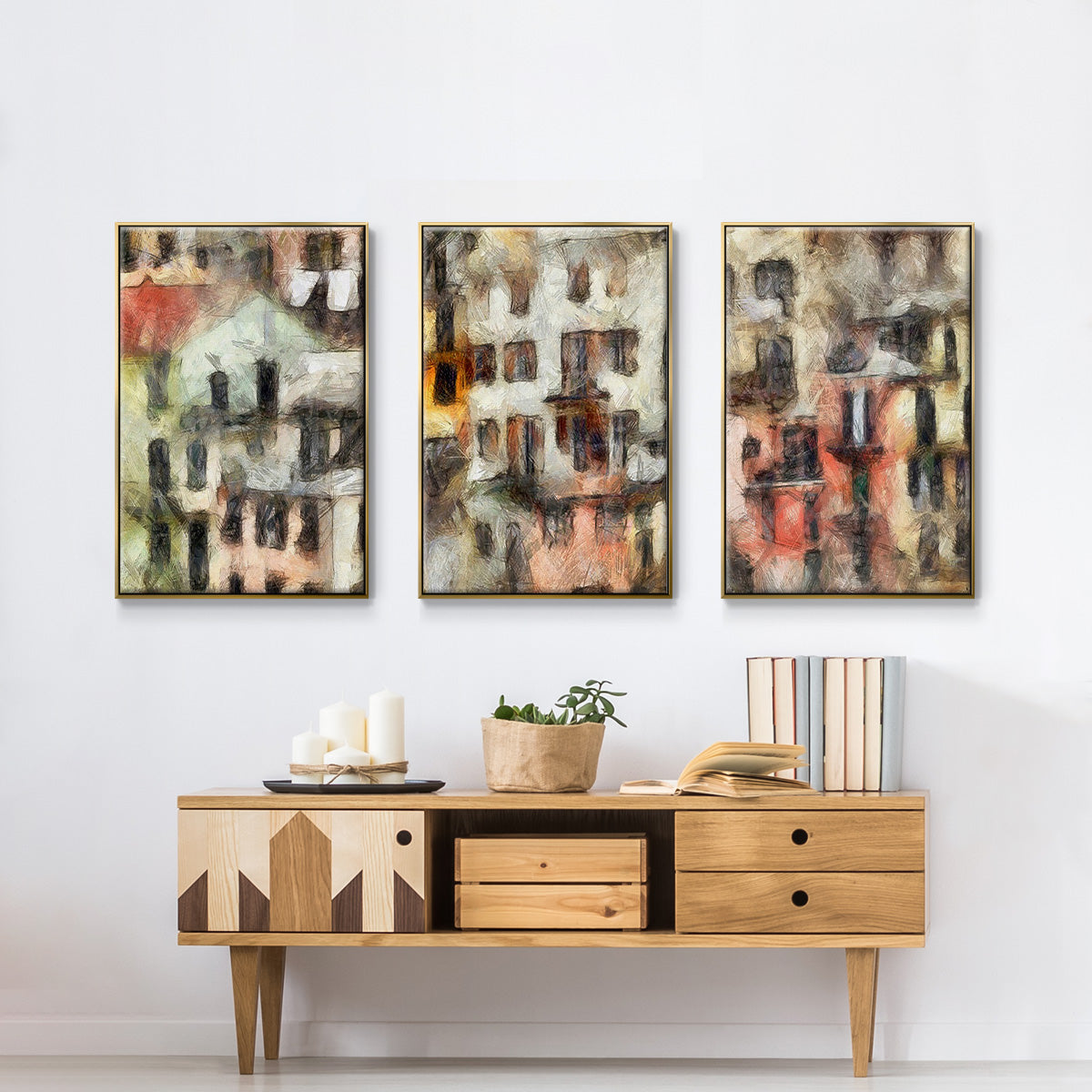 Stacked Houses I - Framed Premium Gallery Wrapped Canvas L Frame 3 Piece Set - Ready to Hang