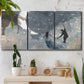 Three-panel canvas wall art featuring surreal celestial romantic scene, displayed in a boho-chic entryway above a console table.