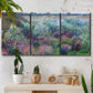 Three-panel canvas wall art featuring flowered riverbank with trees, displayed in a boho-chic entryway above a console table.