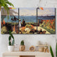 Three-panel canvas wall art featuring coastal garden overlooking sea, displayed in a boho-chic entryway above a console table.