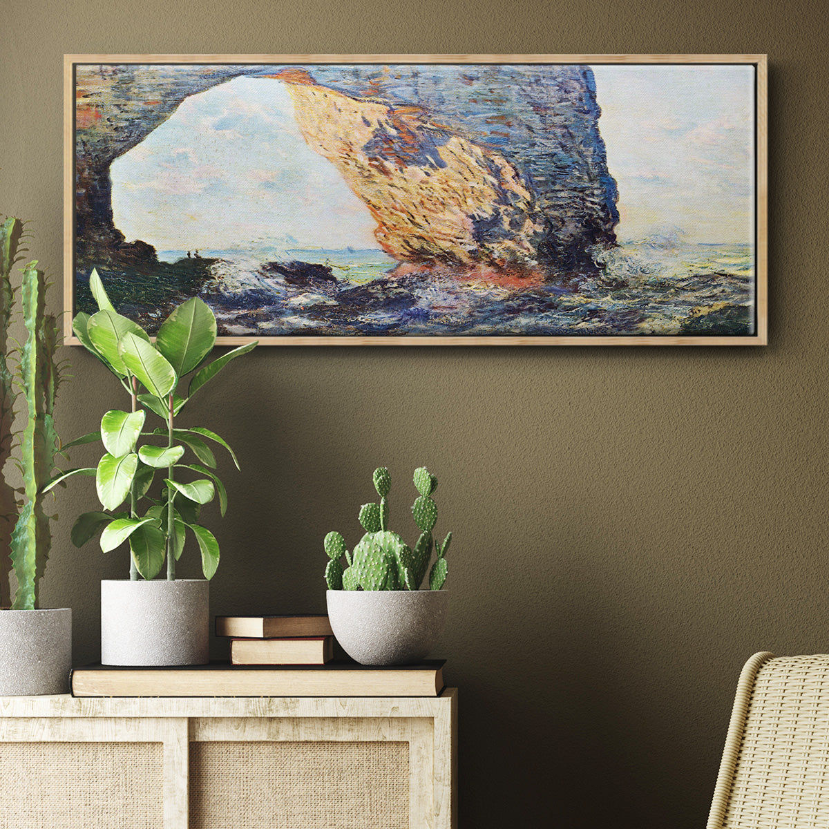 The rocky cliffs of Ã‰tretat (La Porte man) [1] by Monet - Floater Framed Canvas Print