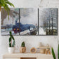 Three-panel canvas wall art featuring steam train in snowy landscape, displayed in a boho-chic entryway above a console table.