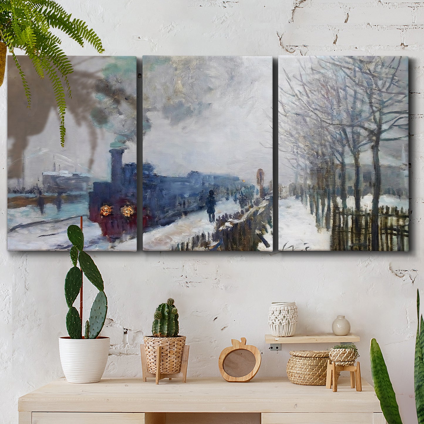 Three-panel canvas wall art featuring steam train in snowy landscape, displayed in a boho-chic entryway above a console table.