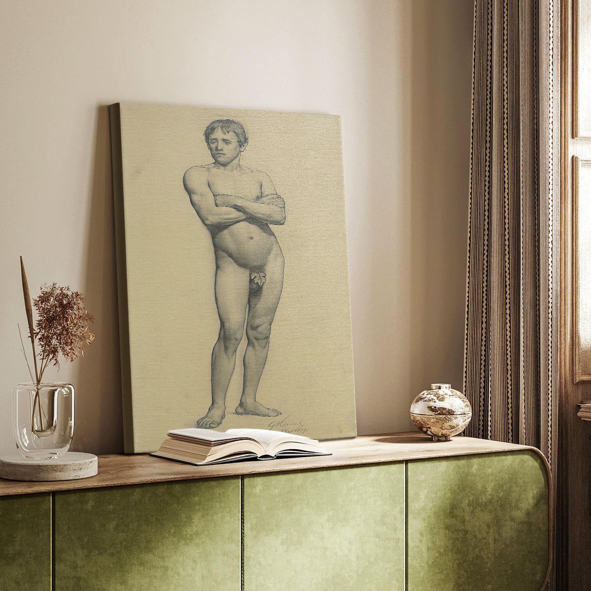 Canvas art print of a standing figure with defined posture and light shading styled in a home decor setting.