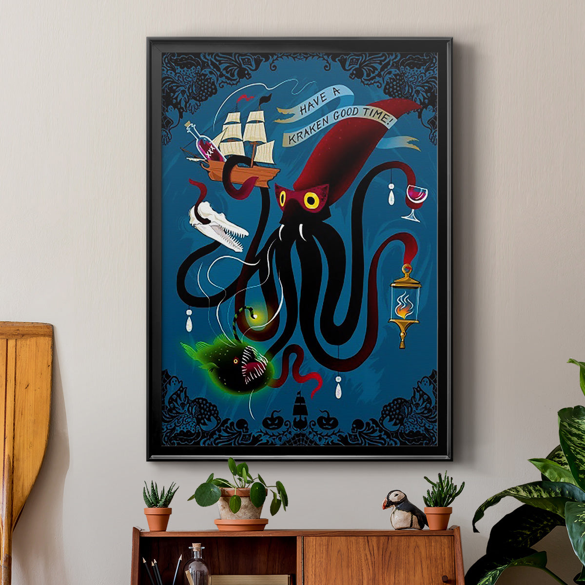 Spooky Cephalopod Chandeliers II - Modern Framed Canvas Print