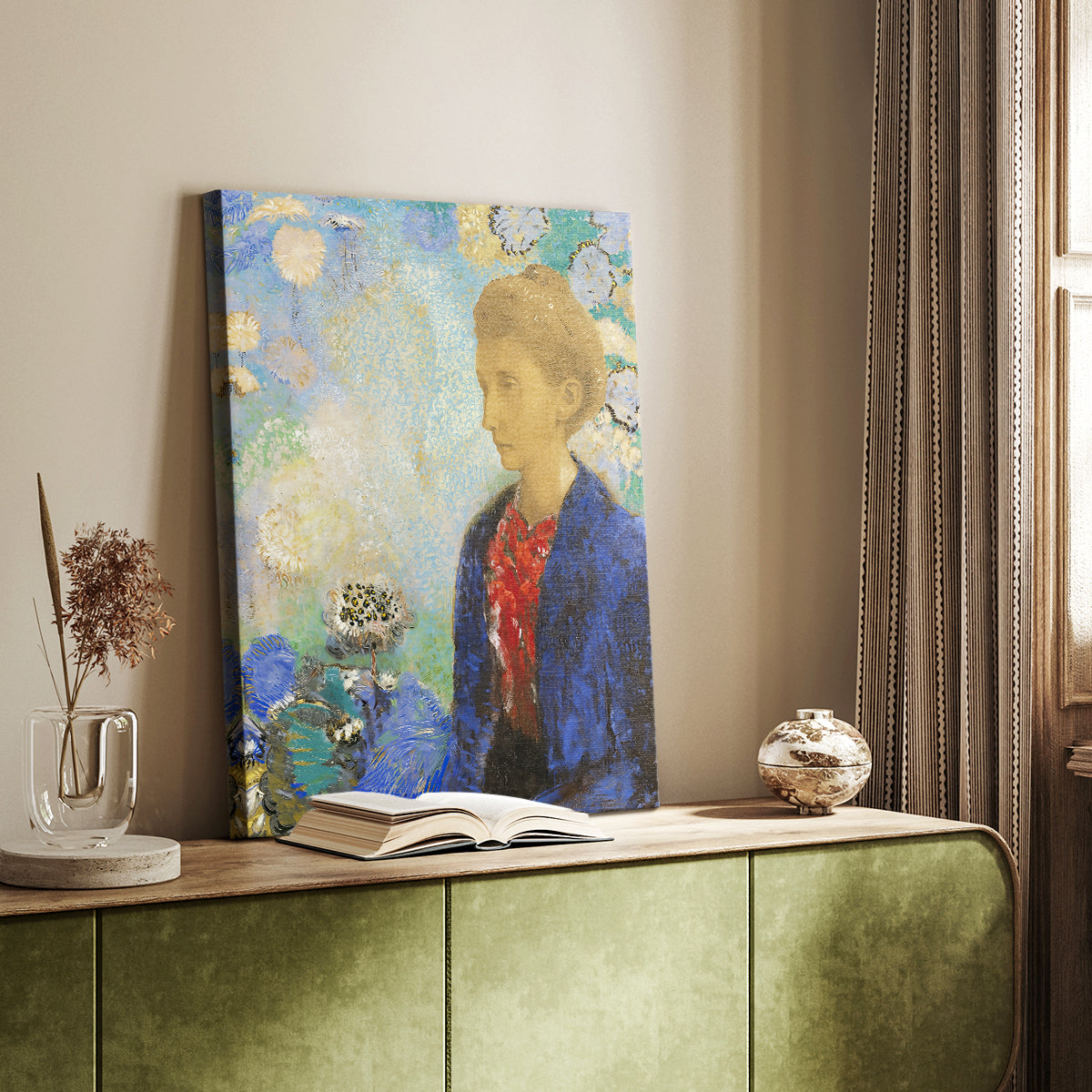 Canvas art print of a stylized figure with gentle color and minimal detail styled in a home decor setting.
