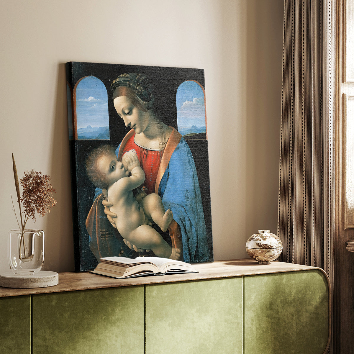 Canvas art print of a serene composition with gentle interaction and smooth tones styled in a home decor setting.