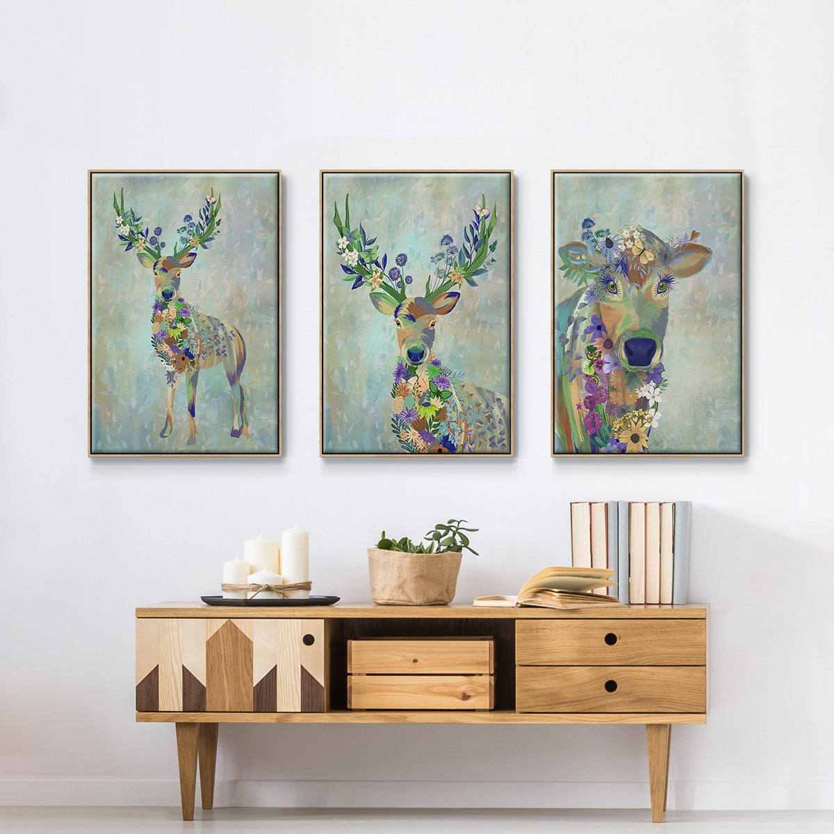 Fantastic Florals Cow - Framed Premium Gallery Wrapped Canvas L Frame 3 Piece Set - Ready to Hang