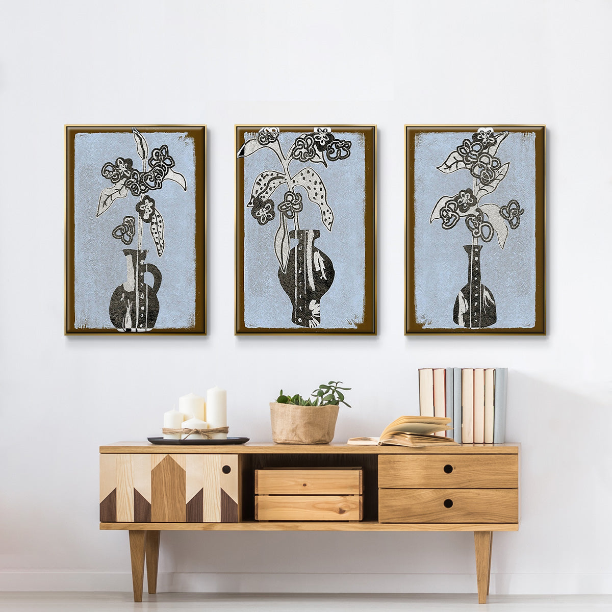 Graphic Flowers in Vase I - Framed Premium Gallery Wrapped Canvas L Frame 3 Piece Set - Ready to Hang