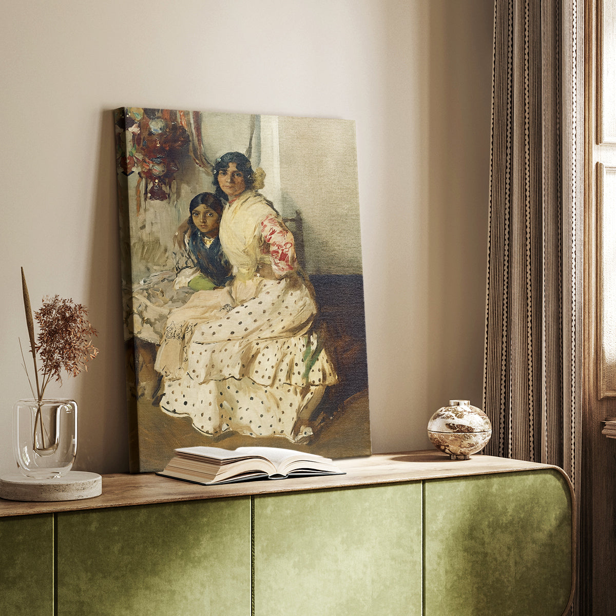 Canvas art print of a tender composition with two figures and subtle detail styled in a home decor setting.