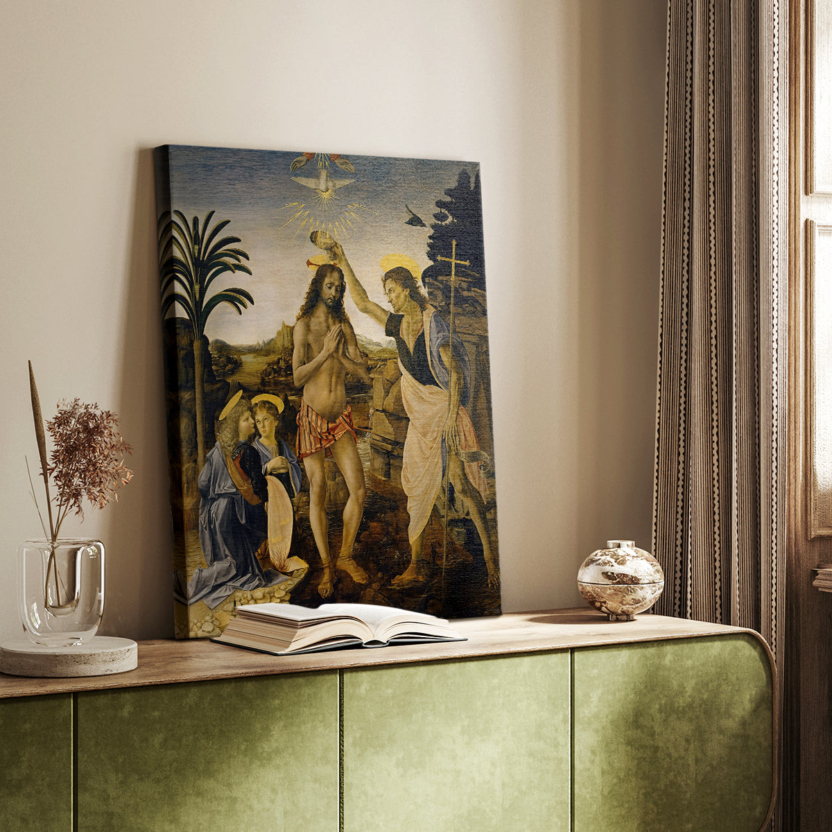 Canvas art print of a religious composition with soft light and balanced forms styled in a home decor setting.