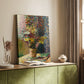 Canvas art print of a floral arrangement with bold tones and loose brushwork styled in a home decor setting.