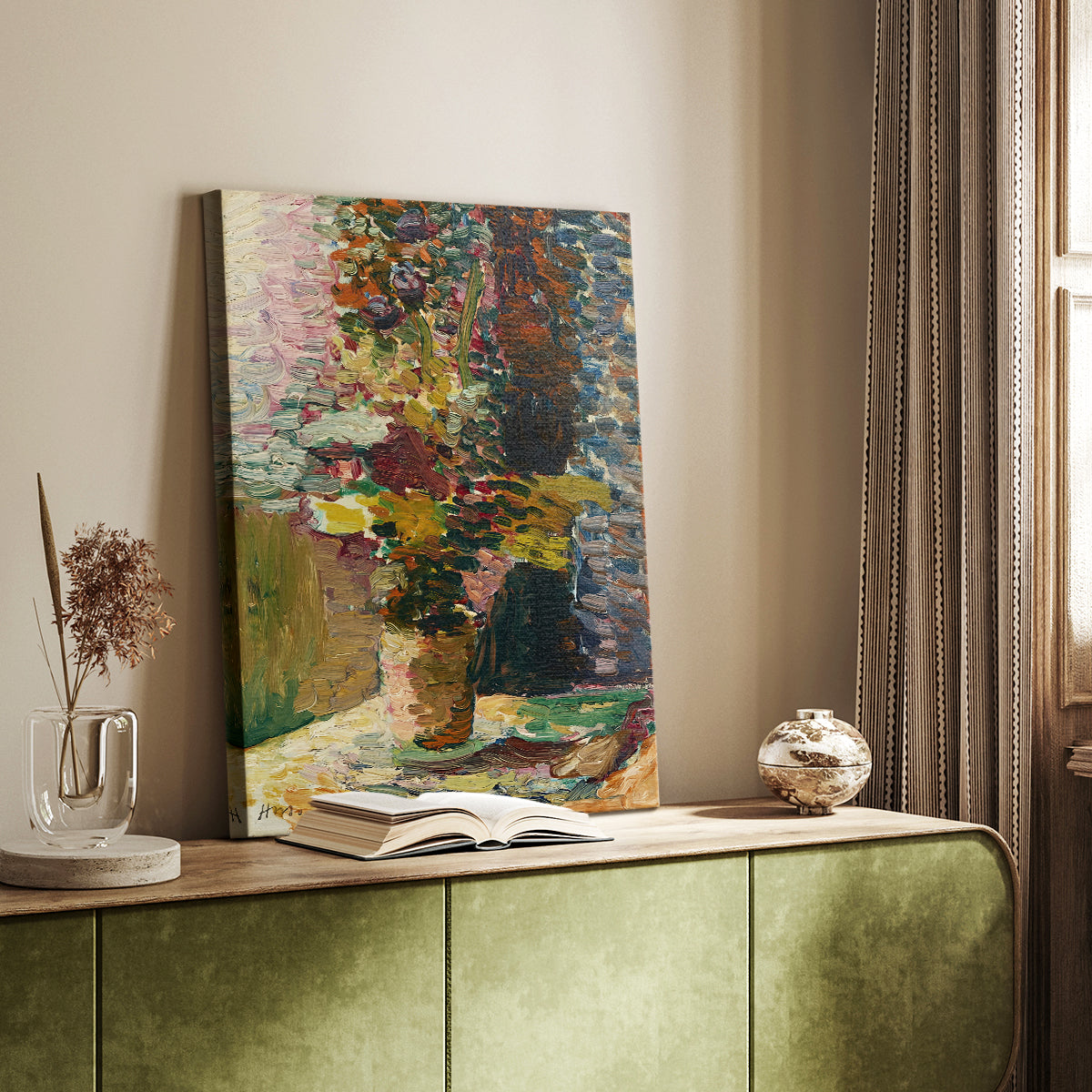 Canvas art print of a floral arrangement with bold tones and loose brushwork styled in a home decor setting.