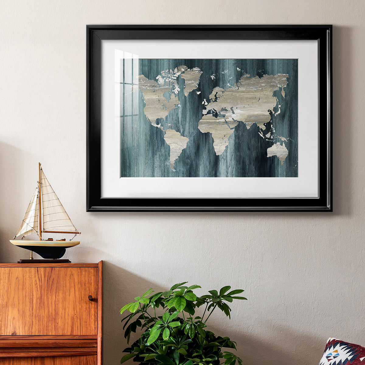 Navy World Map Premium Framed Print - Ready to Hang