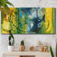 Three-panel canvas wall art featuring energetic abstract aquatic color motion, displayed in a boho-chic entryway above a console table.