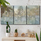 Three-panel canvas wall art featuring abstract river reflections, displayed in a boho-chic entryway above a console table.