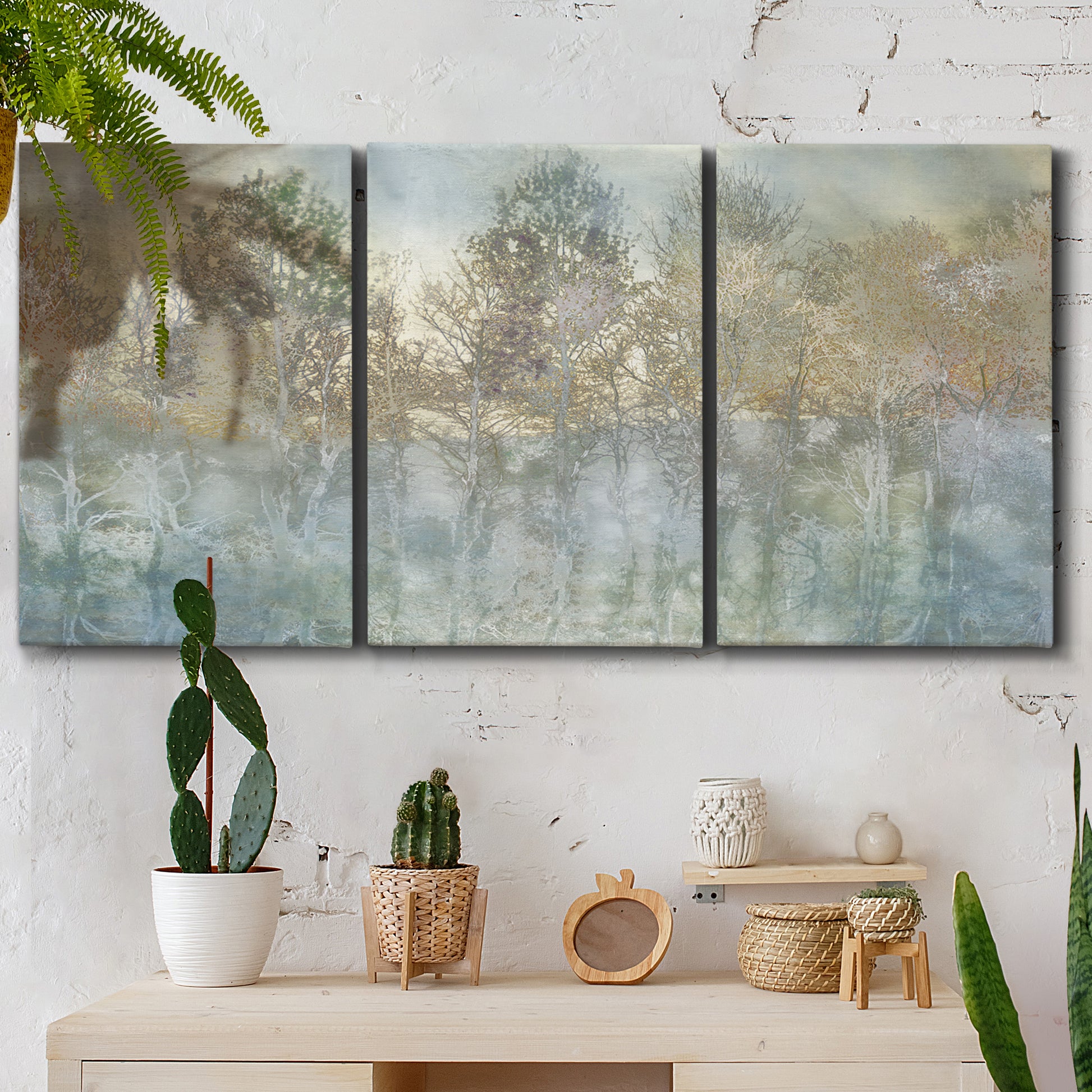 Three-panel canvas wall art featuring abstract river reflections, displayed in a boho-chic entryway above a console table.