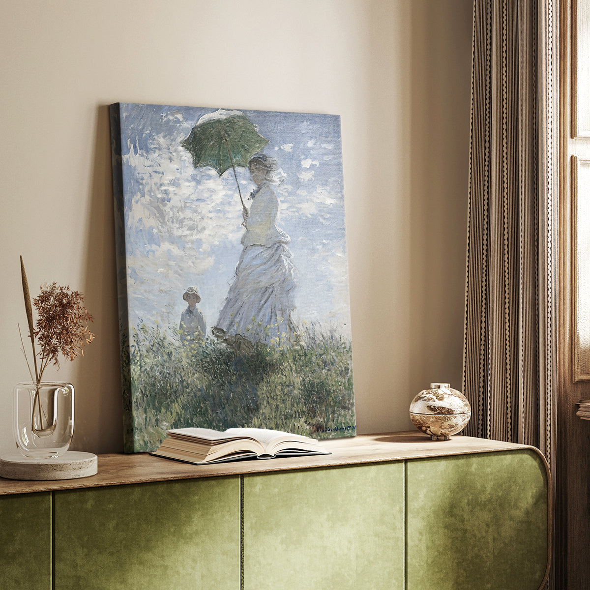 Canvas art print of a figure holding a parasol against a bright sky and soft grass styled in a home decor setting.