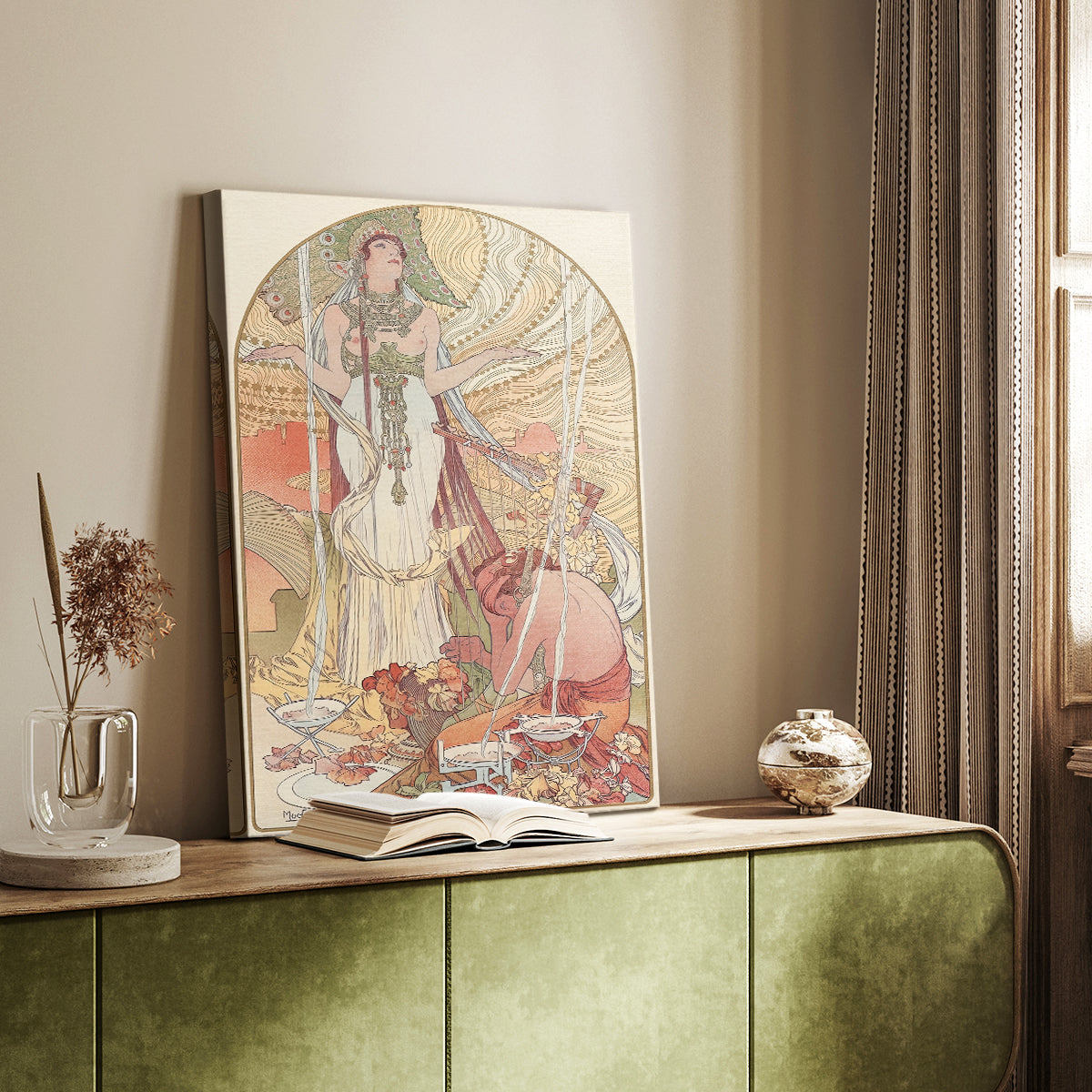 Canvas art print of a symbolic figure surrounded by decorative patterns and flowing lines styled in a home decor setting.