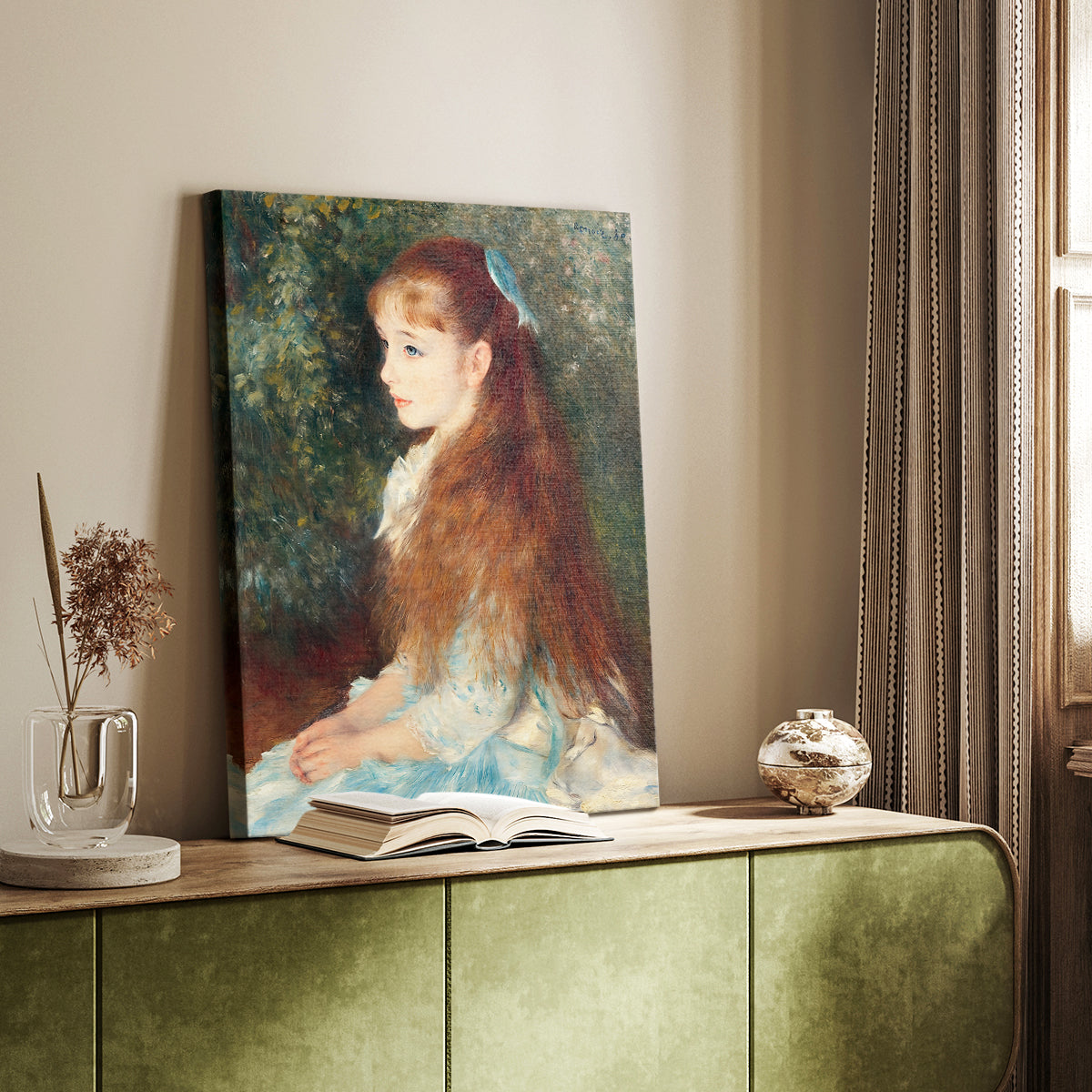 Canvas art print of a delicate child portrait with subtle color and smooth brushwork styled in a home decor setting.
