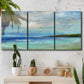 Three-panel canvas wall art featuring narrow island inlet waters, displayed in a boho-chic entryway above a console table.