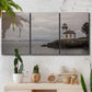 Three-panel canvas wall art featuring lighthouse watching over coastline, displayed in a boho-chic entryway above a console table.