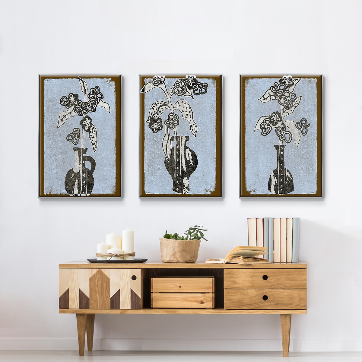 Graphic Flowers in Vase I - Framed Premium Gallery Wrapped Canvas L Frame 3 Piece Set - Ready to Hang