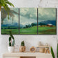 Three-panel canvas wall art featuring wide pastoral valley landscape, displayed in a boho-chic entryway above a console table.