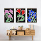 Pop Flowers IV - Framed Premium Gallery Wrapped Canvas L Frame 3 Piece Set - Ready to Hang