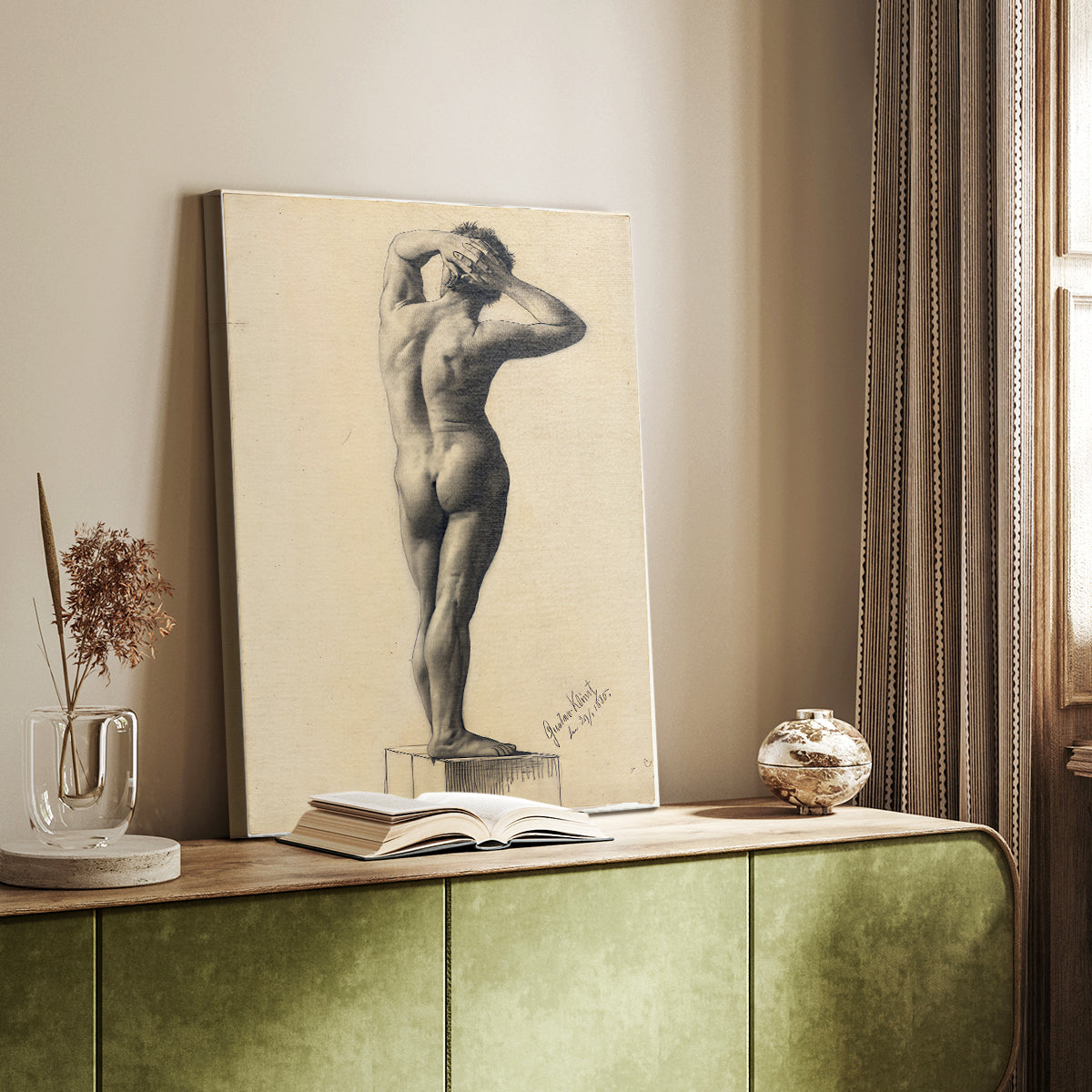 Canvas art print of a simple anatomical sketch with gentle contour and light shading styled in a home decor setting.