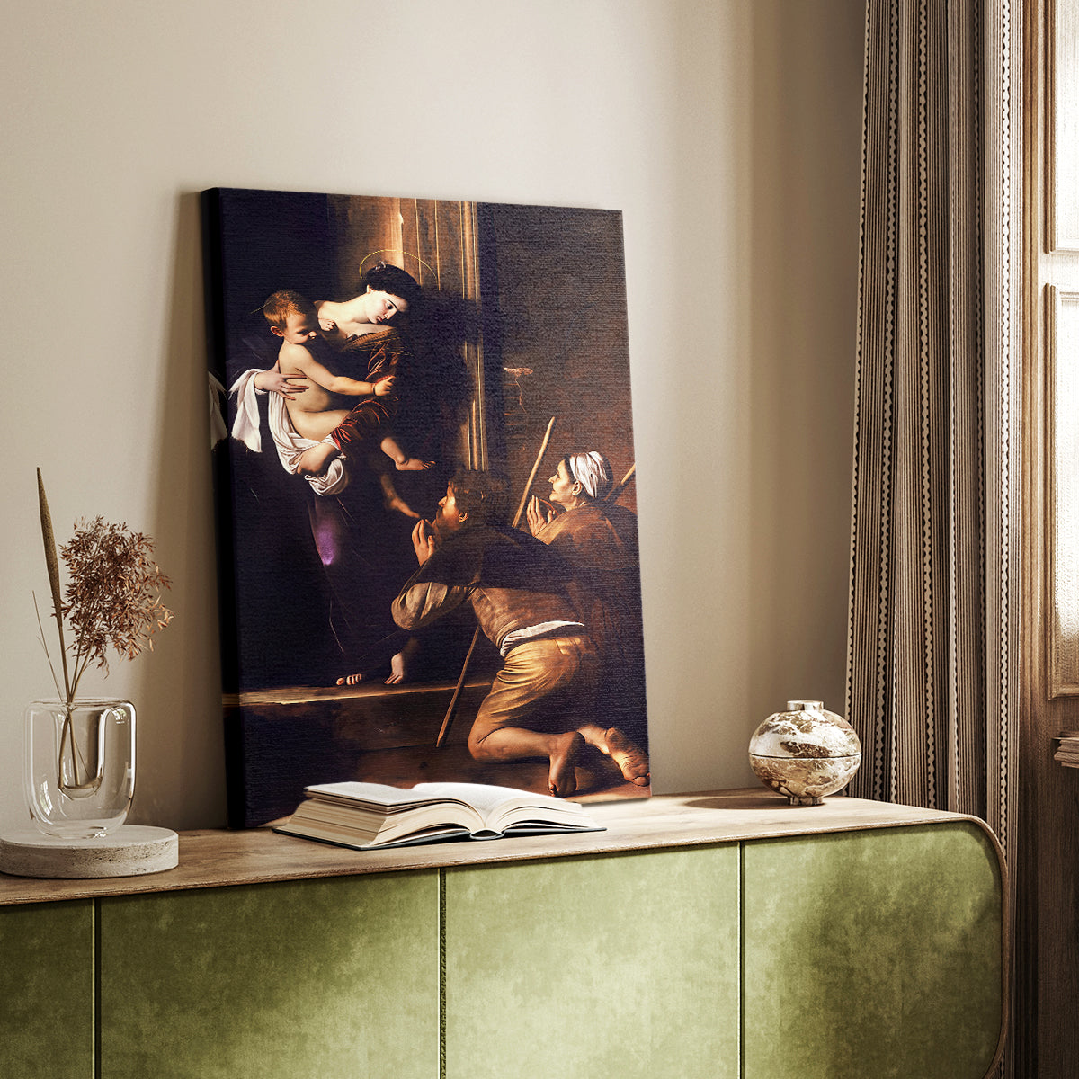 Canvas art print of a religious composition with figures gathered in shadow styled in a home decor setting.