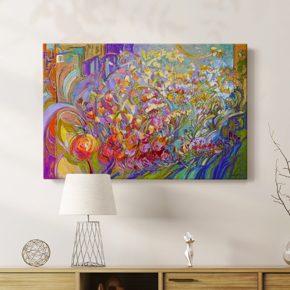 Vibrant floral composition showcasing bright colors and dynamic shapes in an abstract style