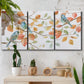 Three-panel canvas wall art featuring decorative bird trio illustration, displayed in a boho-chic entryway above a console table.