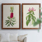 Set of two maple barnwood framed canvas prints depicting peonies thistles leafy stems and archival cream paper arranged across two complementary compositions above a sofa in a bright living space.