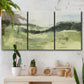 Three-panel canvas wall art featuring rolling hillside countryside landscape, displayed in a boho-chic entryway above a console table.