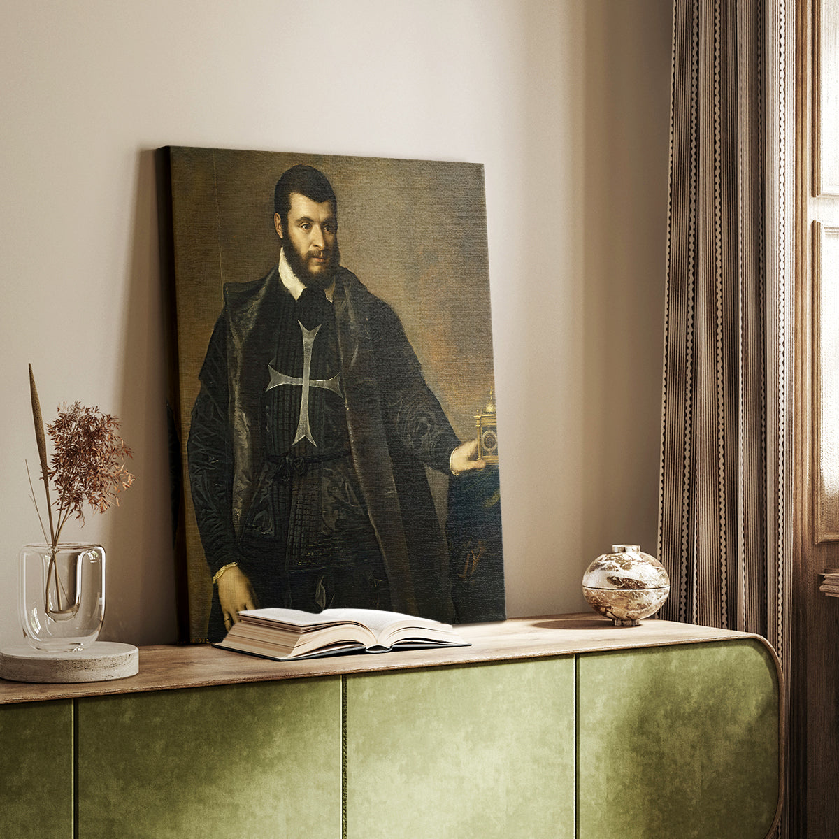 Canvas art print of a refined figure with symbolic object and soft lighting styled in a home decor setting.