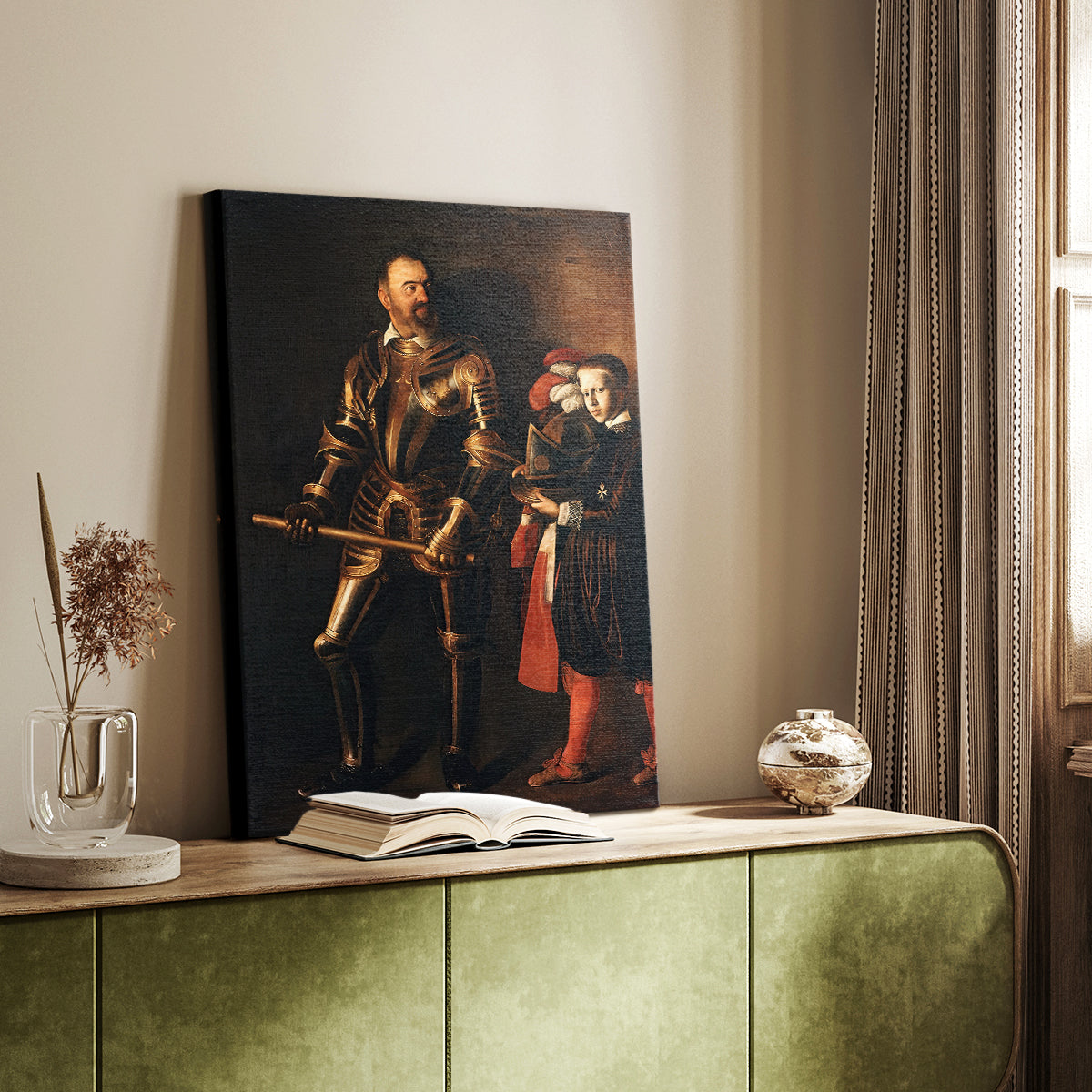Canvas art print of a formal portrait with detailed attire and dark background styled in a home decor setting.