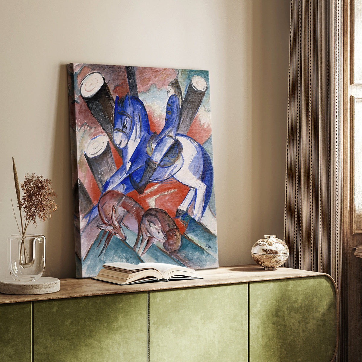 Canvas art print of a vibrant composition with fragmented shapes and strong color styled in a home decor setting.