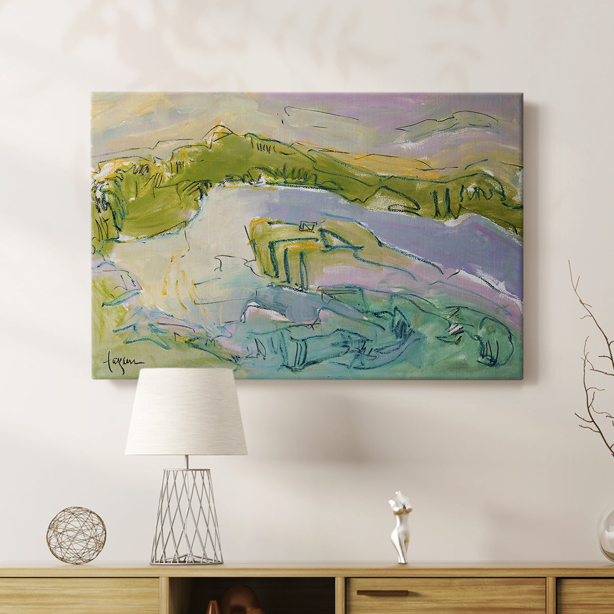 Serene coastal landscape with gentle waves and green hills under soft pastel skies at sunset