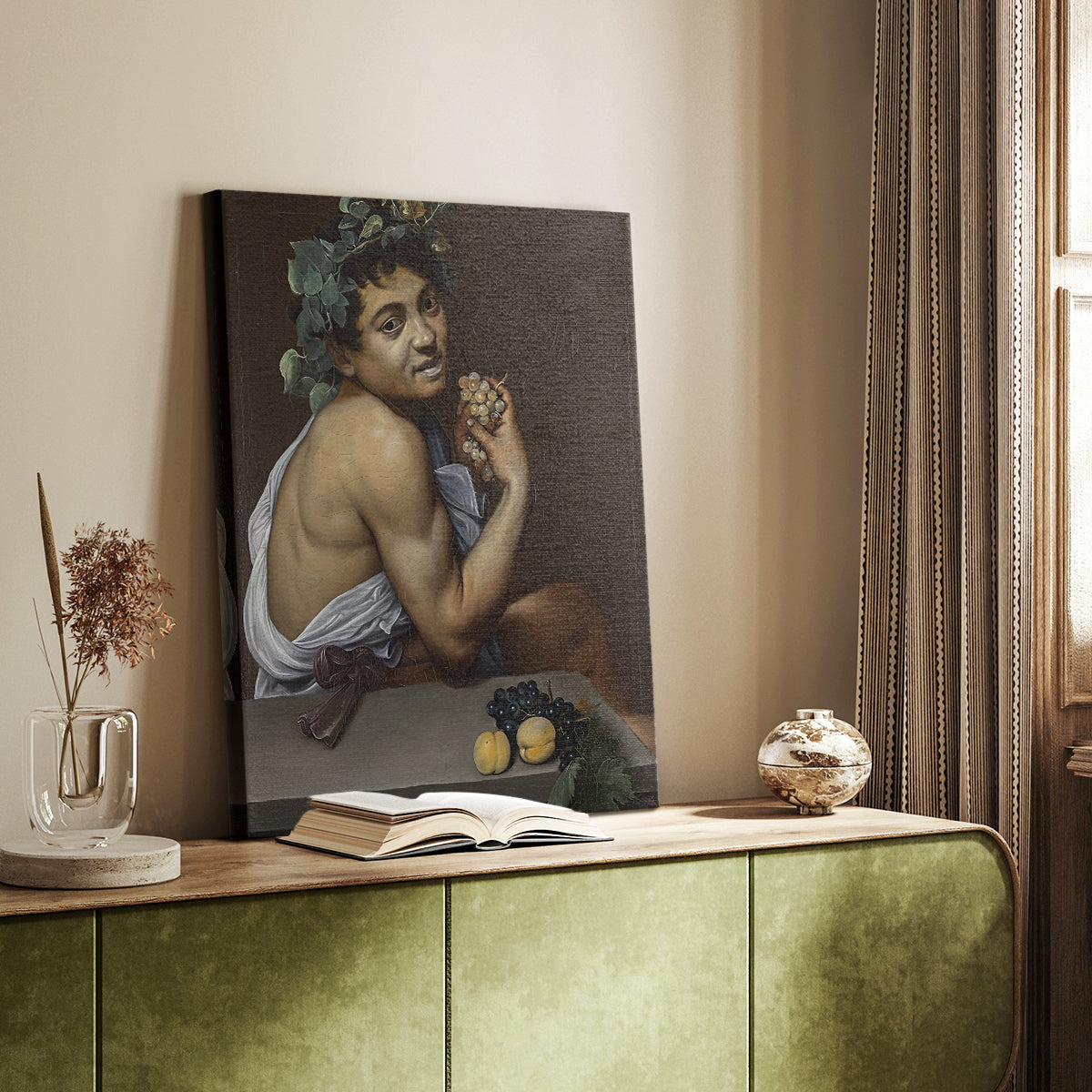 Canvas art print of a figure holding fruit with strong contrast and shadow styled in a home decor setting.