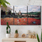 Three-panel canvas wall art featuring poppy field beside village landscape, displayed in a boho-chic entryway above a console table.
