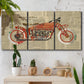 Three-panel canvas wall art featuring vintage red vehicle collage detail, displayed in a boho-chic entryway above a console table.