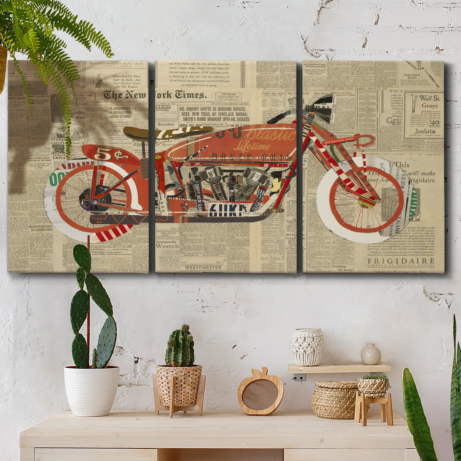 Three-panel canvas wall art featuring vintage red vehicle collage detail, displayed in a boho-chic entryway above a console table.