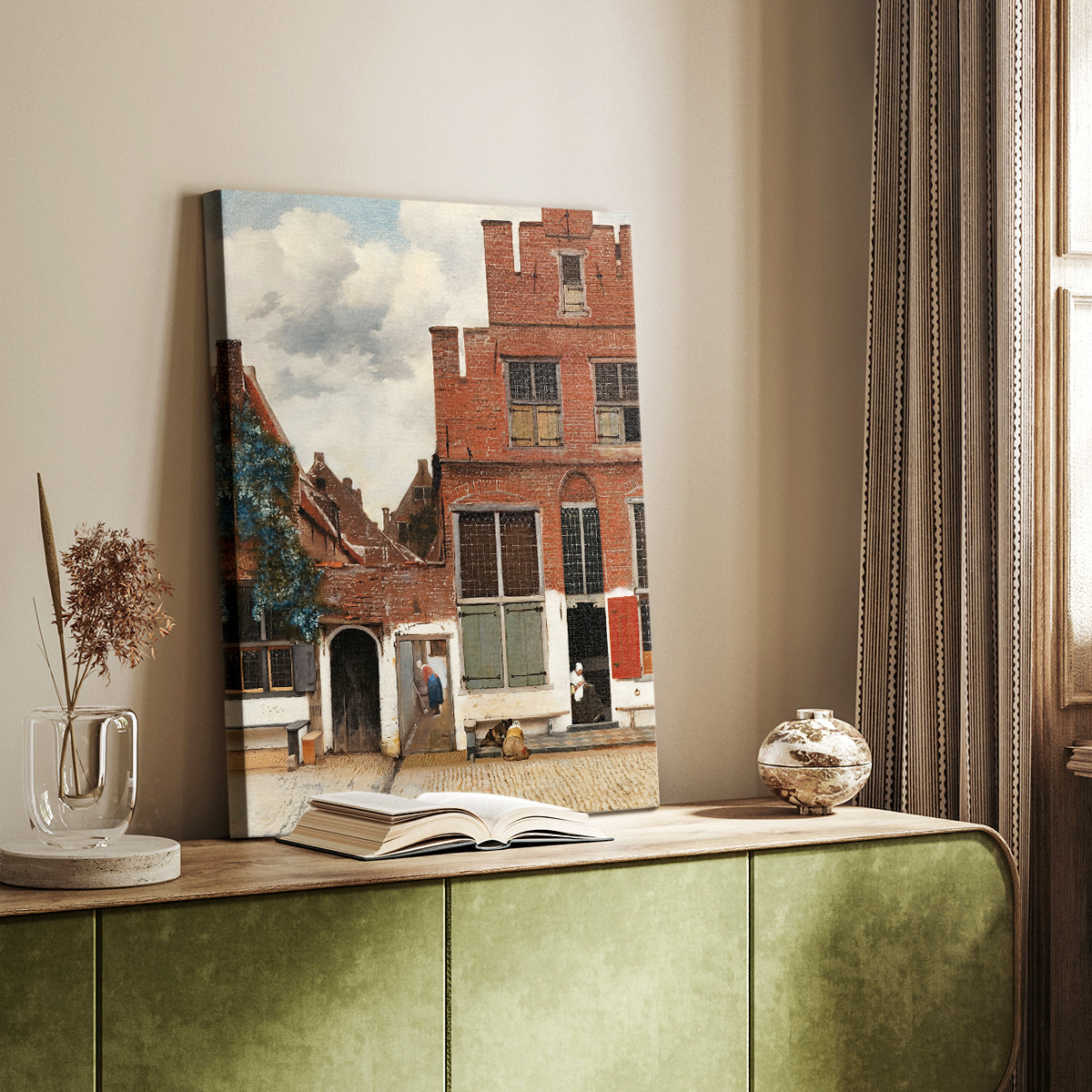 Canvas art print of a detailed urban view with architecture and soft daylight styled in a home decor setting.