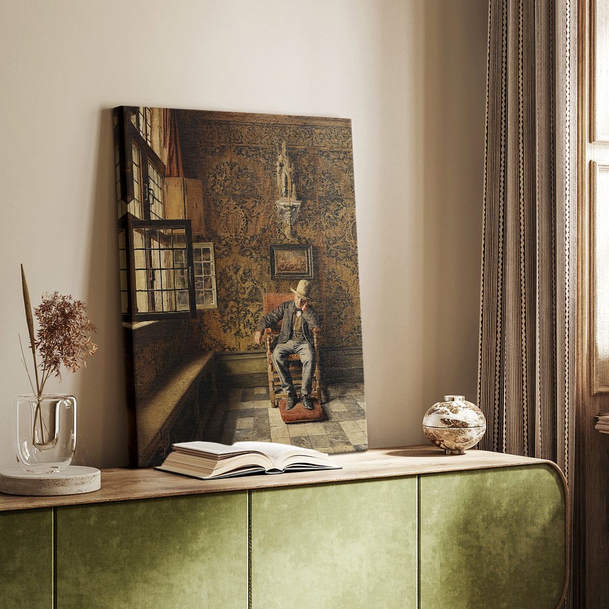 Canvas art print of a solitary figure resting in a quiet setting styled in a home decor setting.