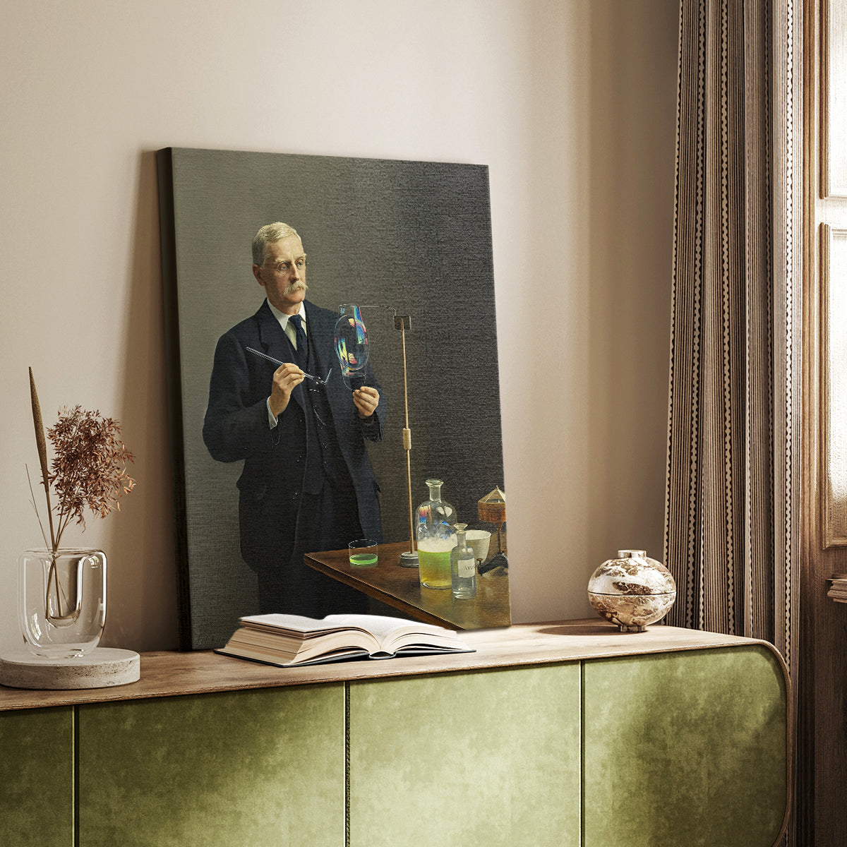 Canvas art print of a composed male figure with subtle shading and calm presence styled in a home decor setting.